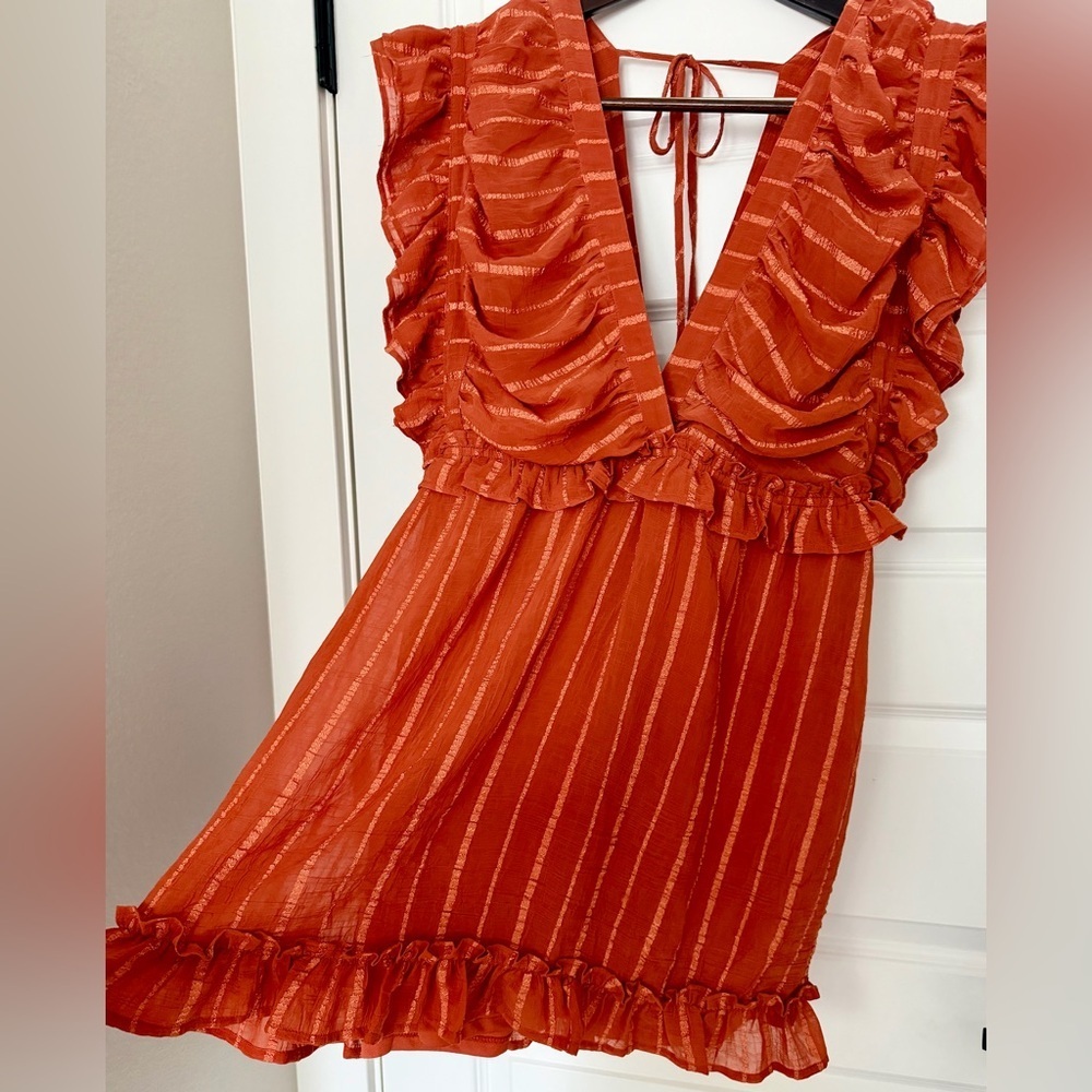 FAVLUX Terracotta Rust Textured Ribboned Ruffle Dress Size L - Picture 2 of 8